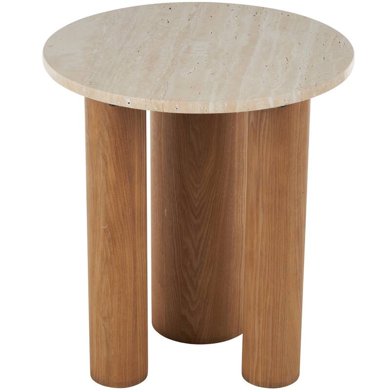 Wood Accent Table with Beige Round Marble Tabletop - Brown - Roche River Decor