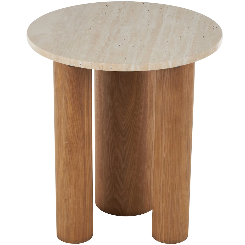 Wood Accent Table with Beige Round Marble Tabletop - Brown - Roche River Decor
