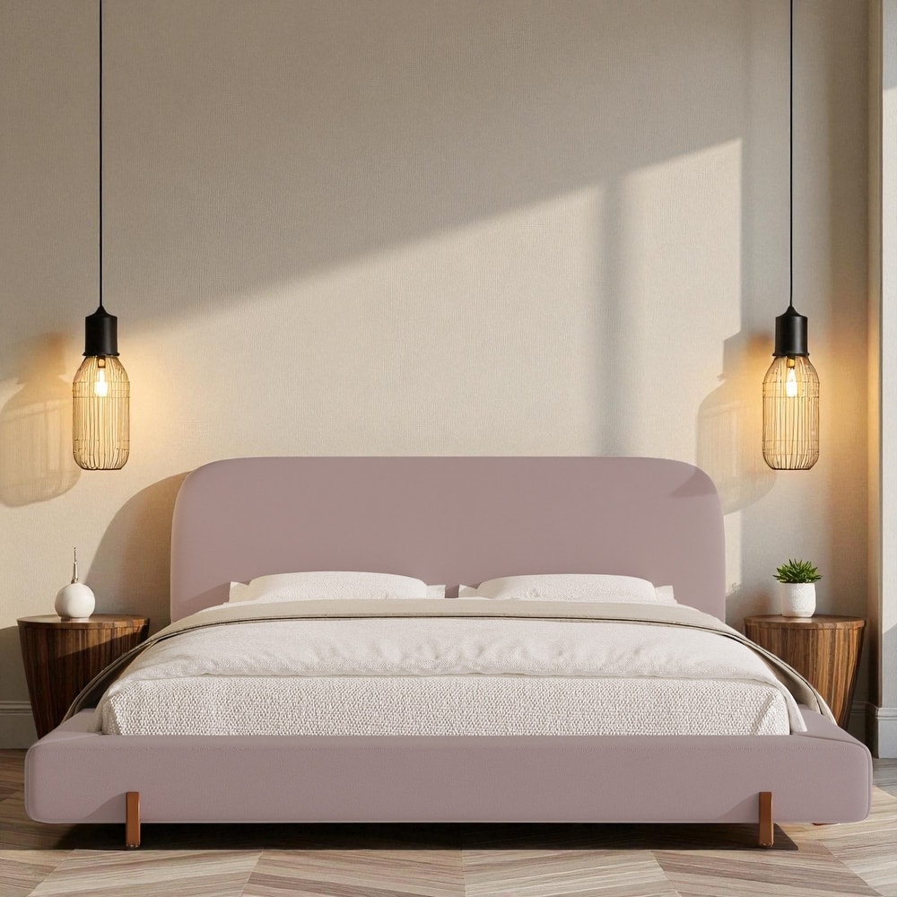 Modern Upholstered Bed Frame with 4-Inch Thick Panels, Fabric Design and Solid Rubberwood Legs, California King/King