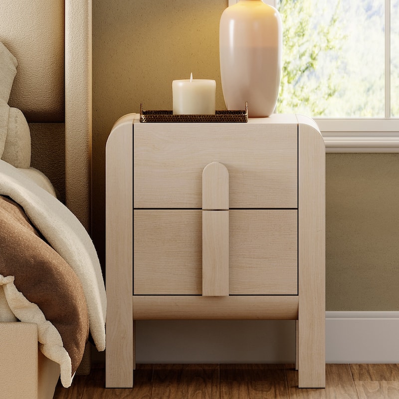 WAMPAT Modern Wood Nightstand With 2 Drawers ,Curved Mid-Century End Table With Built-In Charging Station For Bedroom - Light Oak - 2-drawer