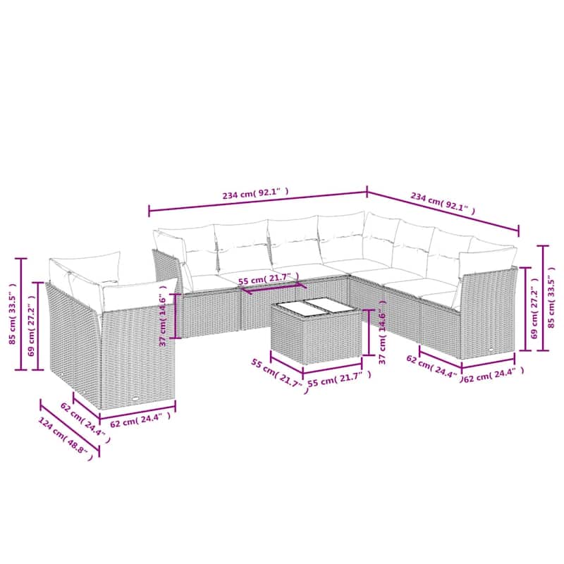 vidaXL 9/10 Piece Patio Sofa Set with Cushions Black/Brown/Gray Poly Rattan - 21.7 x 24.4 x 27.2