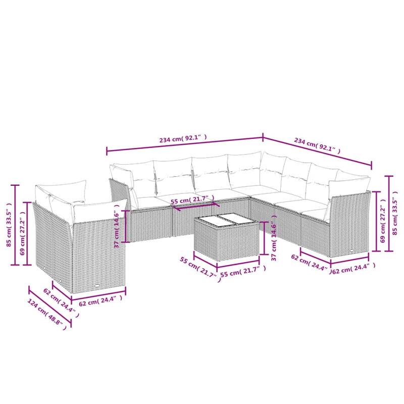 vidaXL Garden Sofa Set Brown PE Rattan, Powder-Coated Steel Large - 21.7 x 21.7 x 14.6