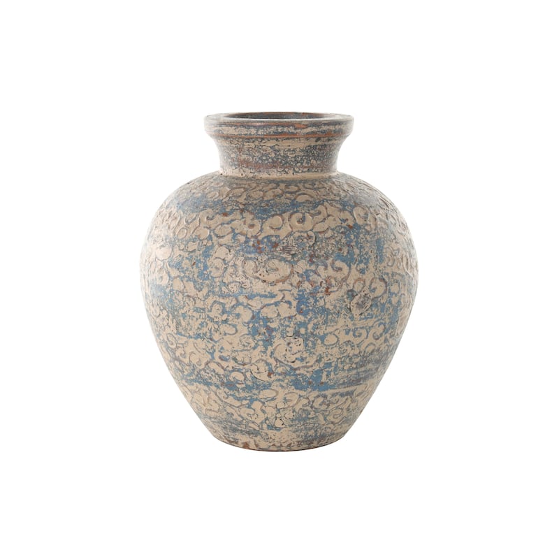 Ceramic Scroll Handmade Antique Style Wide Rounded Decorative Vase with Blue and Copper Accents - Beige - Roche River Decor