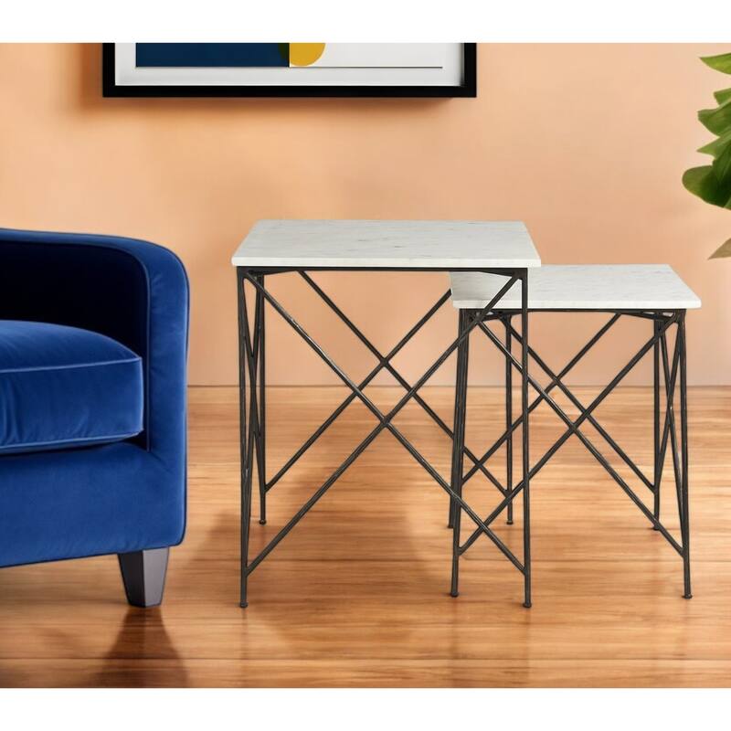 Pack of 2 24 Inch Bronze Metal and White Marble Square End Table - 20" x 20" x 23.75"