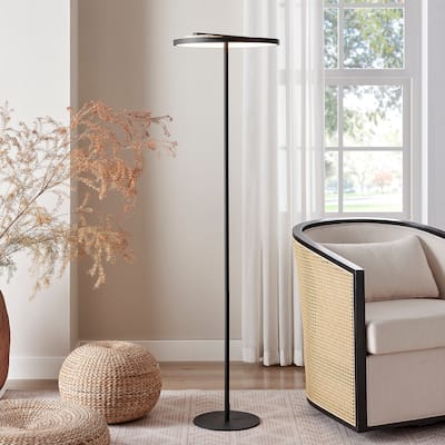 Satin Black Iron & Wood Floor Lamp - N/A
