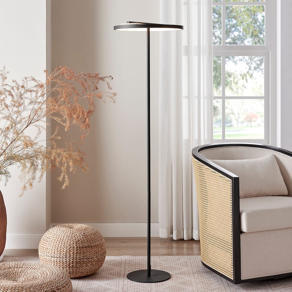 Satin Black Iron & Wood Floor Lamp - N/A