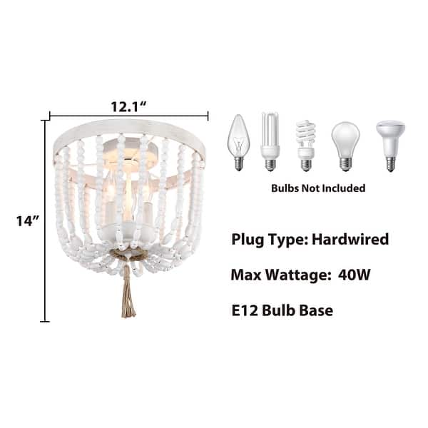 Wood Beaded 3 Light Flush Mount Chandelier White Boho Dining Room by ShipItFurniture