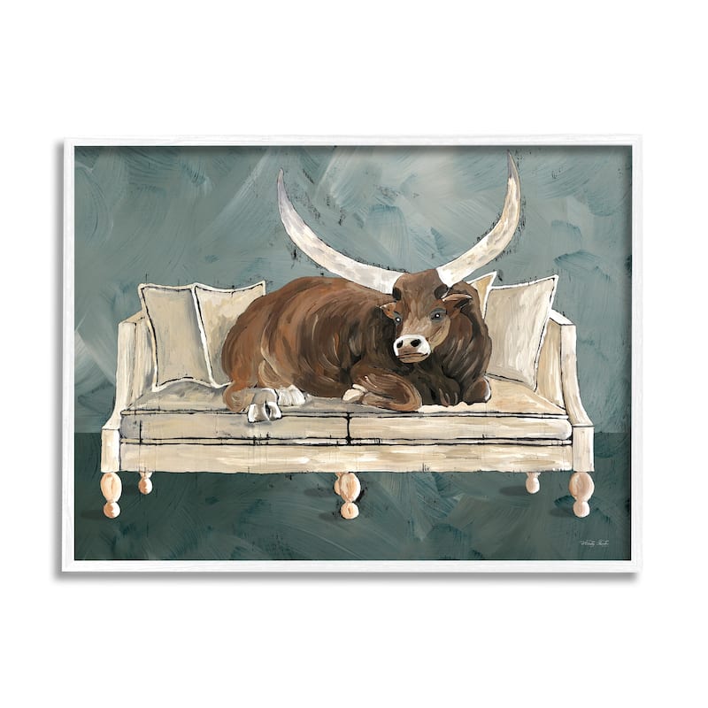 Stupell Longhorn Bull Laying Living Room Couch Green Gray Framed Wall Art - 20 x 16 - White
