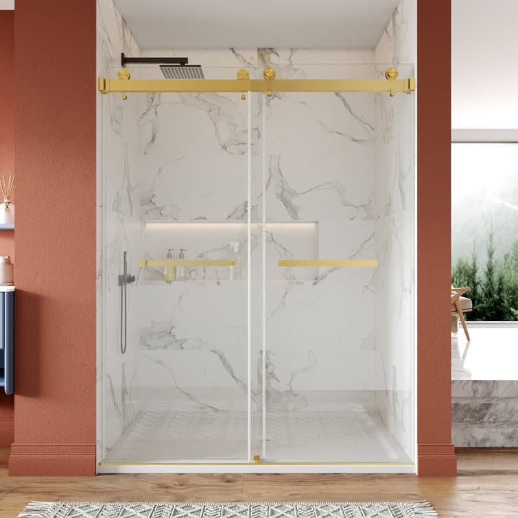 DeerValley 56" - 60" W x 76" H Double Sliding Frameless Shower Enclosure, Stainless Steel Accessories