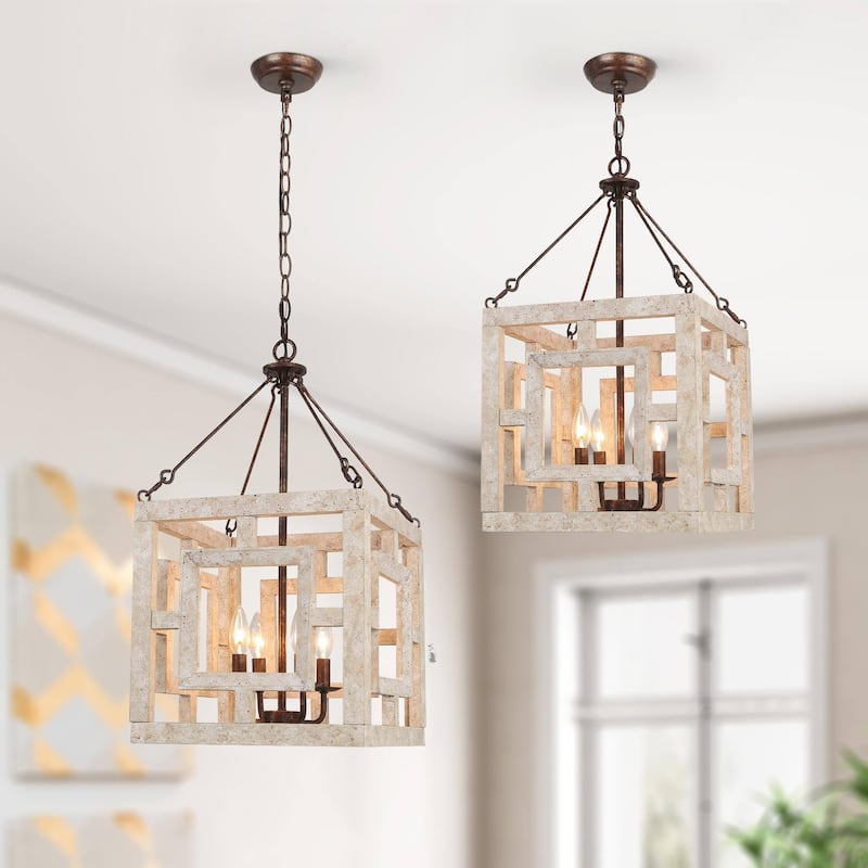 Modern Farmhouse 4-Light Pendant Wood Rustic Square Island Lights - W 13.5" x D 13.5" x H 26"