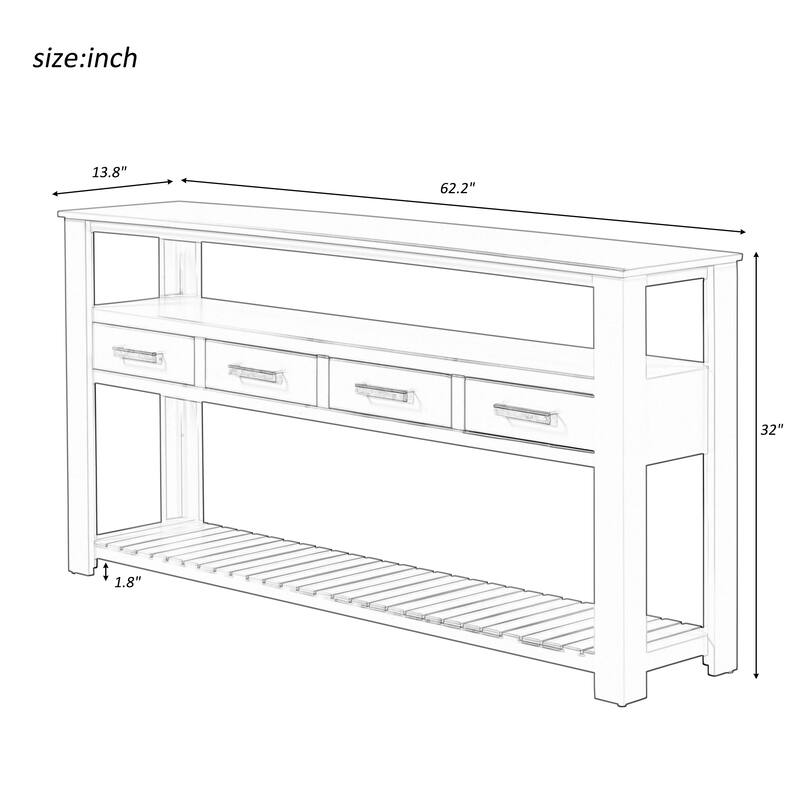 2-Tier Console Table Sofa Table with 4 Drawers and 2 Shelves, Accent Table Hallway Tables with vintage Aluminum Handle