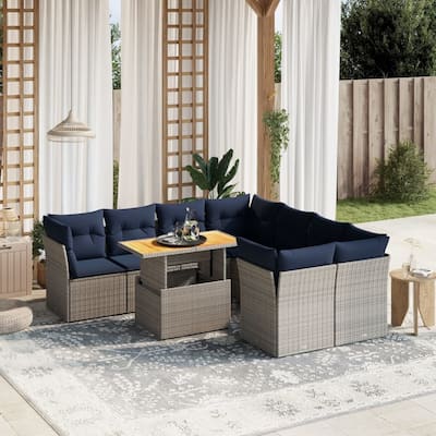 vidaXL Patio Sofa Set with Cushions Outdoor Furniture 9 Piece Poly Rattan - 24.4" x 24.4" x 27.2"