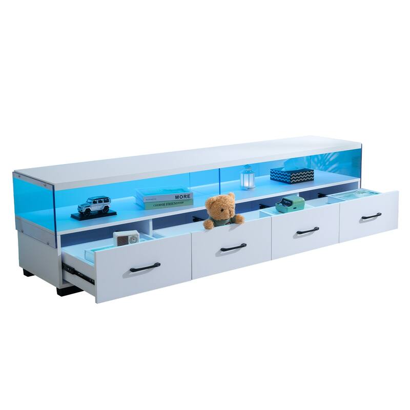 71" Acrylic TV Stand with 4 Drawers and 2 Open Shelves
