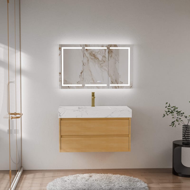 Modland 36" Floating Modern Bathroom Vanity with Single Sink,Maple Wood Wall Mounted Vanity with Marble Countertop - 36 Inch