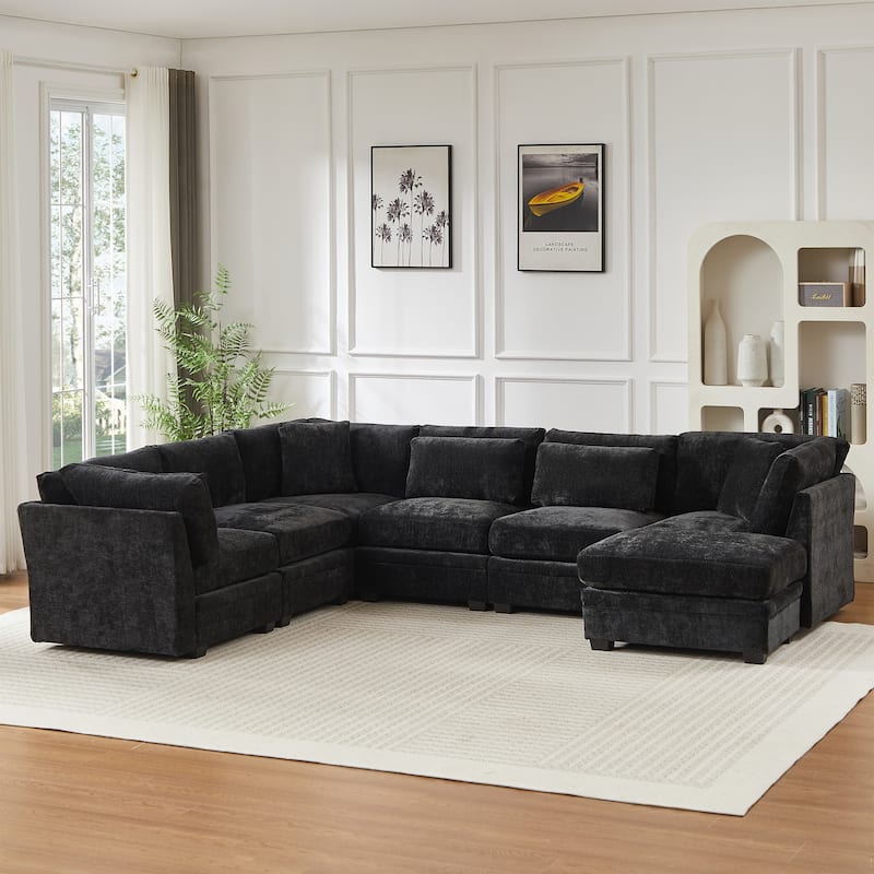 Christopher Knight Home - Verona 7-Piece Reversible Modular Fabric Sectional Sofa with Ottoman, Square Arms & Pillow Back - Black