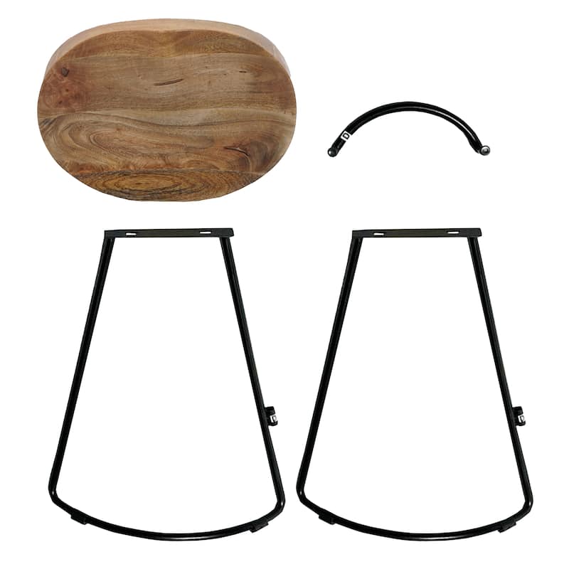 30 Inch Handcrafted Backless Counter Height Barstool Natural Brown Mango Wood Saddle Seat Black Iron Base