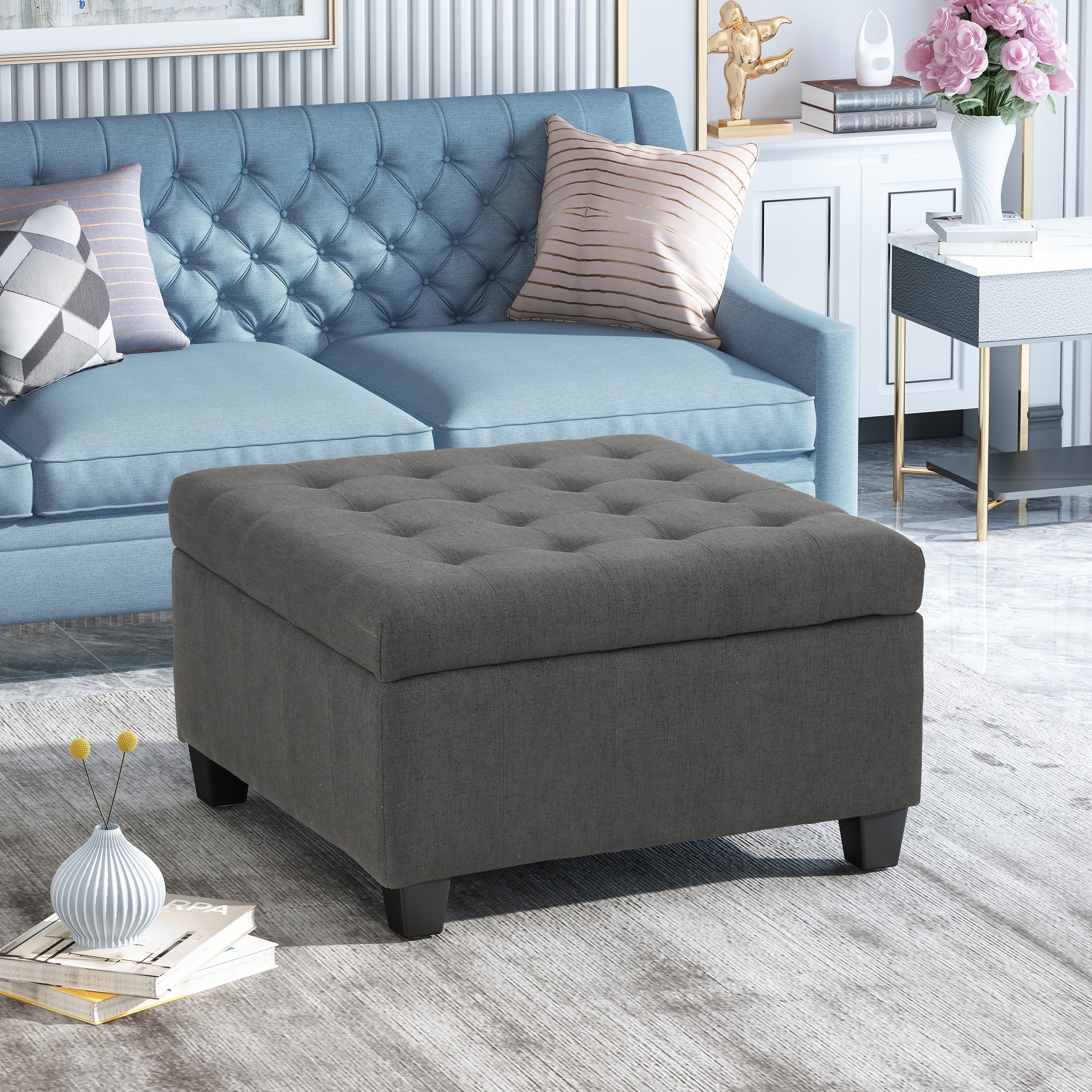 Upholstered Tufted Fabric Storage Ottoman, Dark Gray