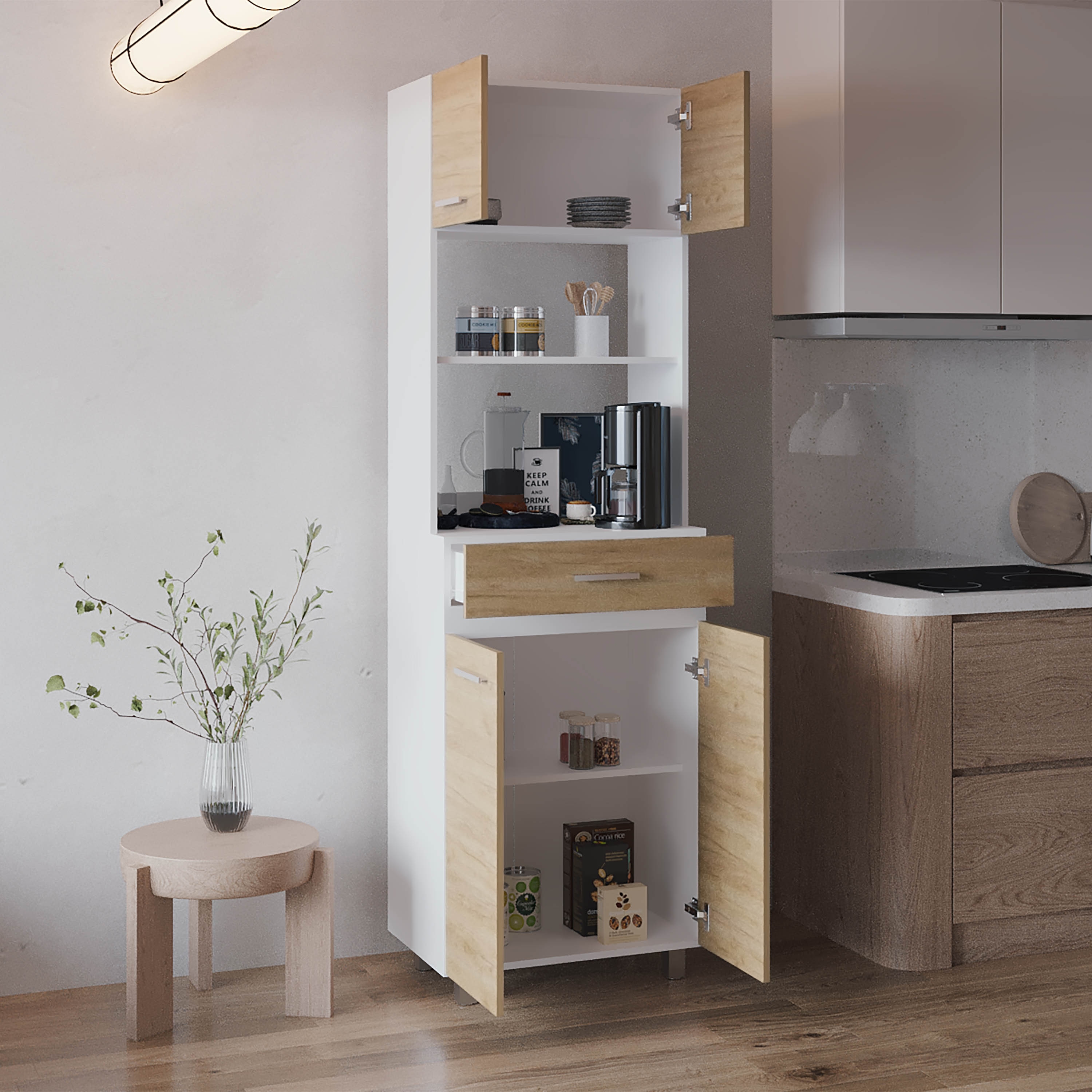 Pantry Cabinet Freestanding Kitchen Storage Unit For Food, Dishes, Or Appliances, White/ Natural Oak