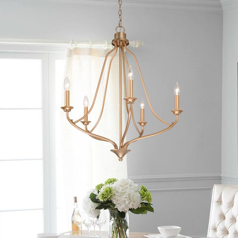 Modern Glam Gold 5-light Empire Wheel Chandelier Candle Ceiling Lighting for Foyer, Stairs - D24" x H89"