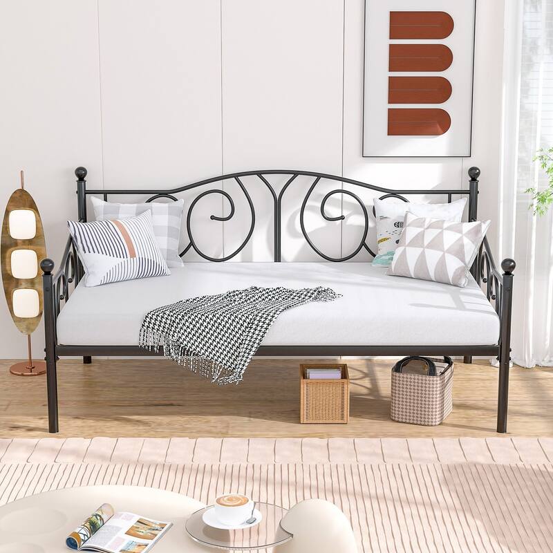VECELO Metal Twin Size Daybed with Roman Column Legs Scroll Design Heavy Duty 350 lbs Capacity Sofa Bed for Living Room