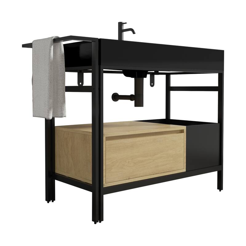 GDFStudio - Forte Industrial Metal Frame Bathroom Vanity with Artificial Stone Basin, Towel Rack & Open Storage