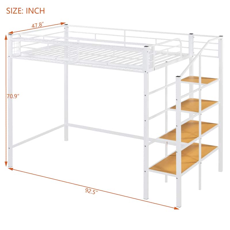 Twin Size Metal Loft Bed with Upper Grid Storage Shelf and Lateral Storage Ladder