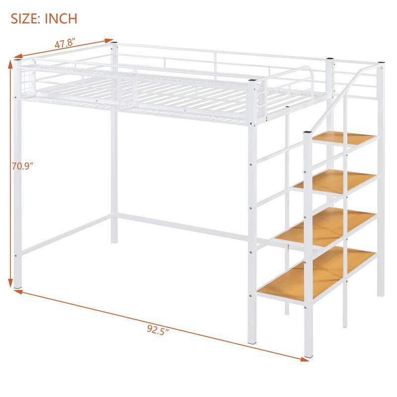 Twin Size Metal Loft Bed with Upper Storage Shelf and Lateral Ladder, White