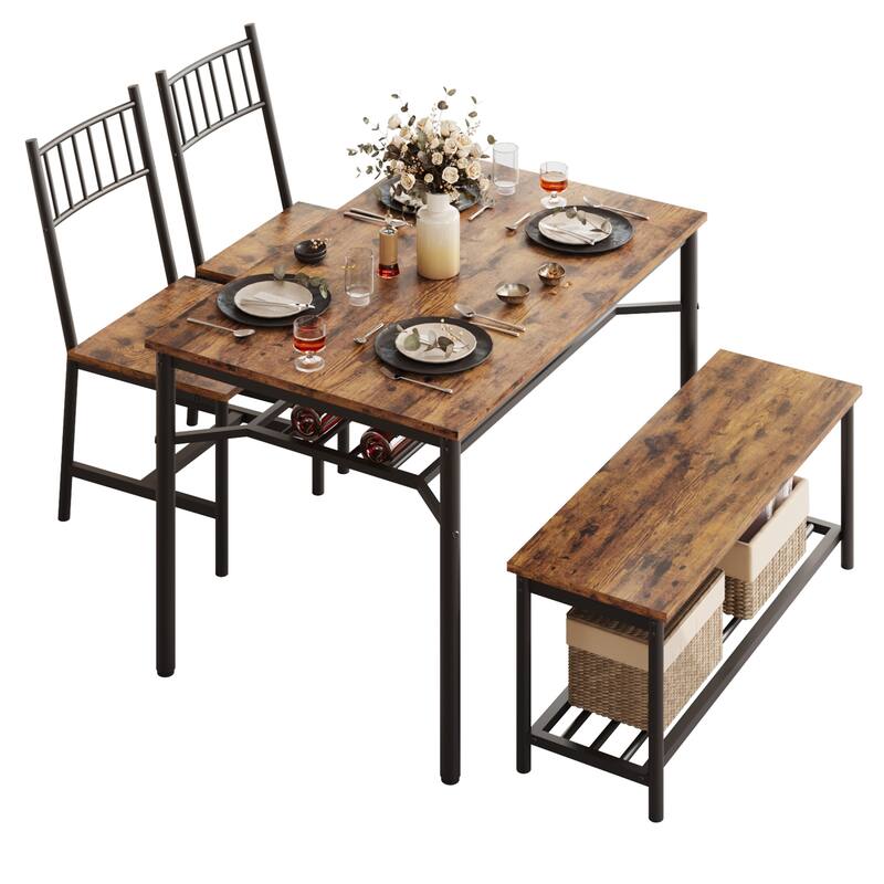 Dining Table Set for 2 with Storage Bench - Brown