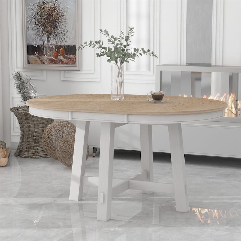 Merax Farmhouse Round Extendable Dining Table - Oak+White