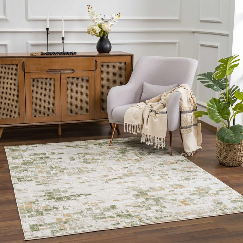 Hauteloom Liverpool Collection Modern Abstract Contemporary Square Tile Area Rug - 5'3" x 7' - Green, Brown, Cream, Beige