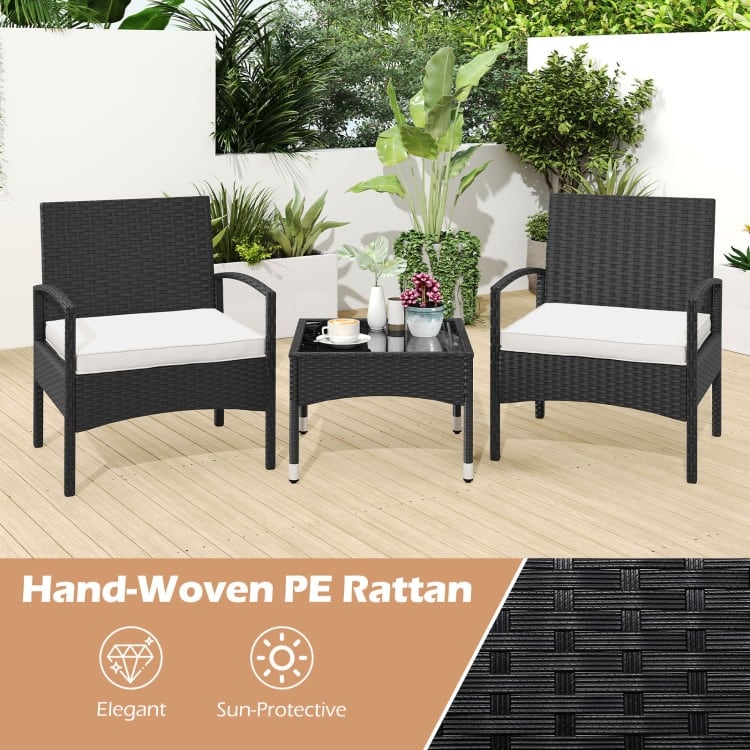 3 Piece Black PE Rattan Patio Set with Beige Cushions Table and 2 Chairs - 20” x 20” x 15”