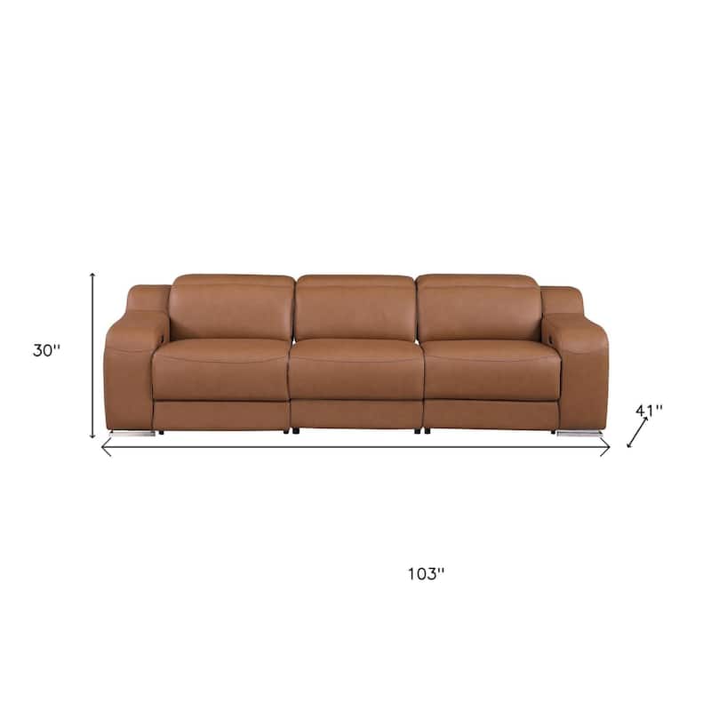 HomeRoots 103" Chestnut Italian Leather Reclining USB Sofa