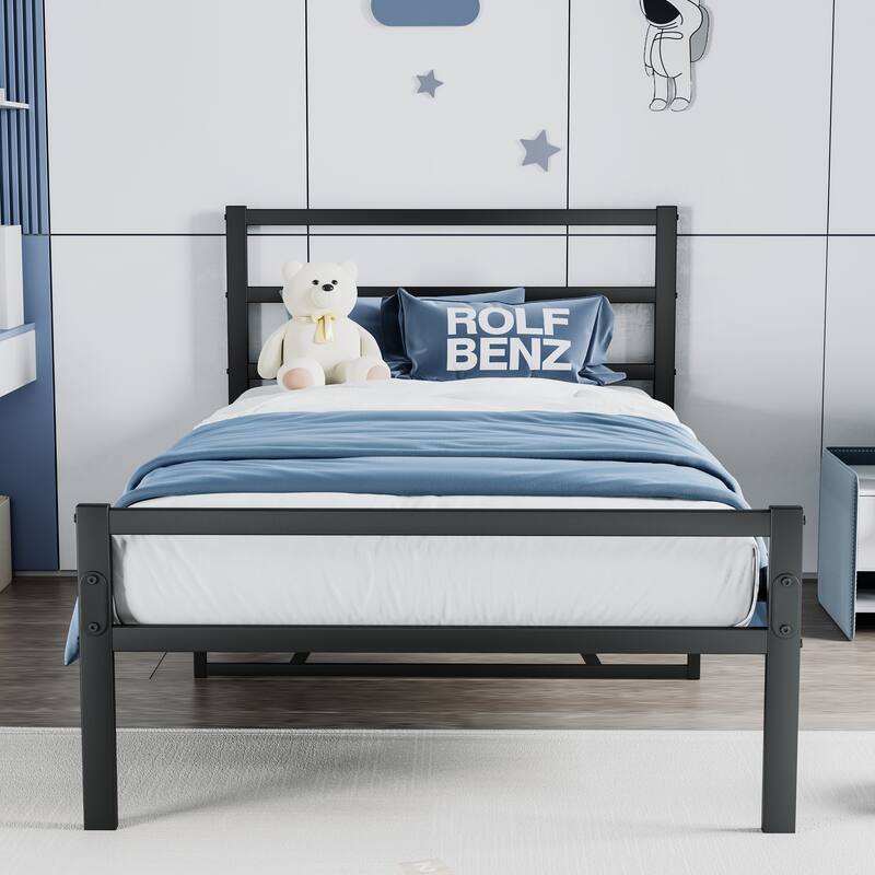 Twin Size Sturdy Metal Platform Bed with Wave Headboard and No Box Spring Needed