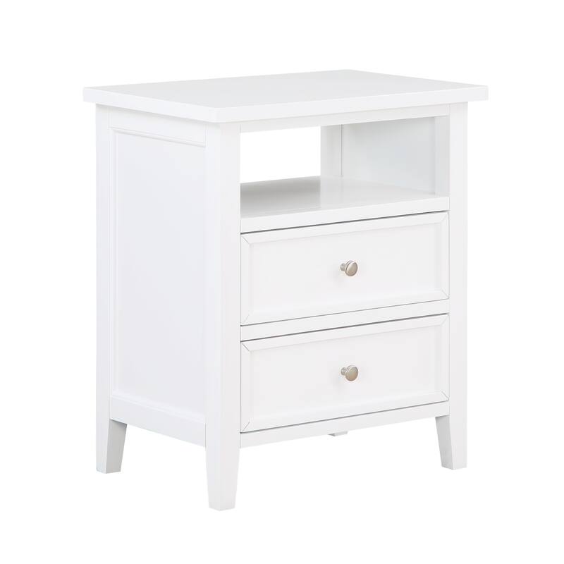 2- Drawer Nightstand with Nickel Knobs and Open Shelf Solid Wood Construction