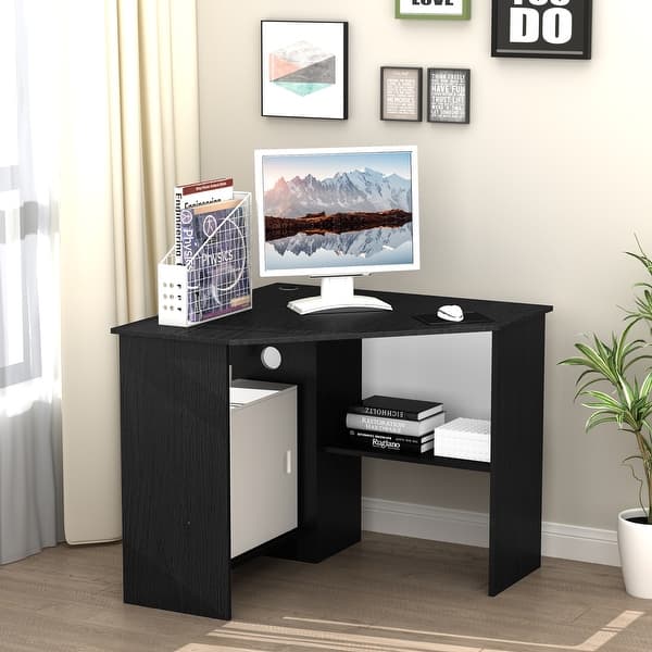 slide 2 of 24, HOMCOM Corner Computer Desk with Storage Shelf, Writing Table Study Workstation for Home Office Black