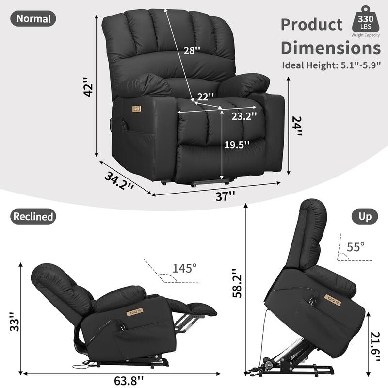 Power Lift Recliner Chair, Oversized Shell Backrest Reclining Chair with Massage & Heat for Elderly