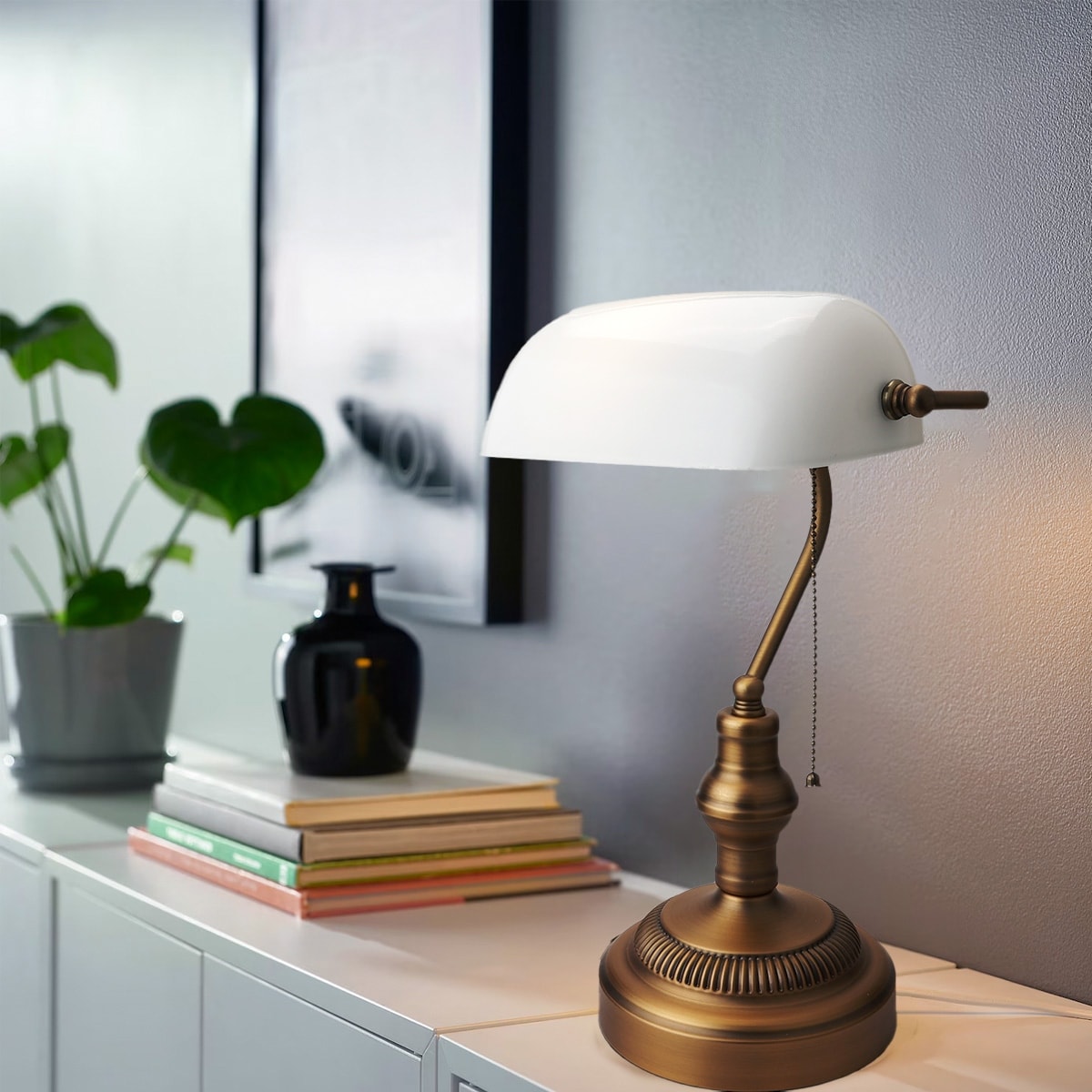 Antique Vintage Bronze Sleek Green/White Glass Shade Bankers Table Lamp with Pull Switch for Living Room