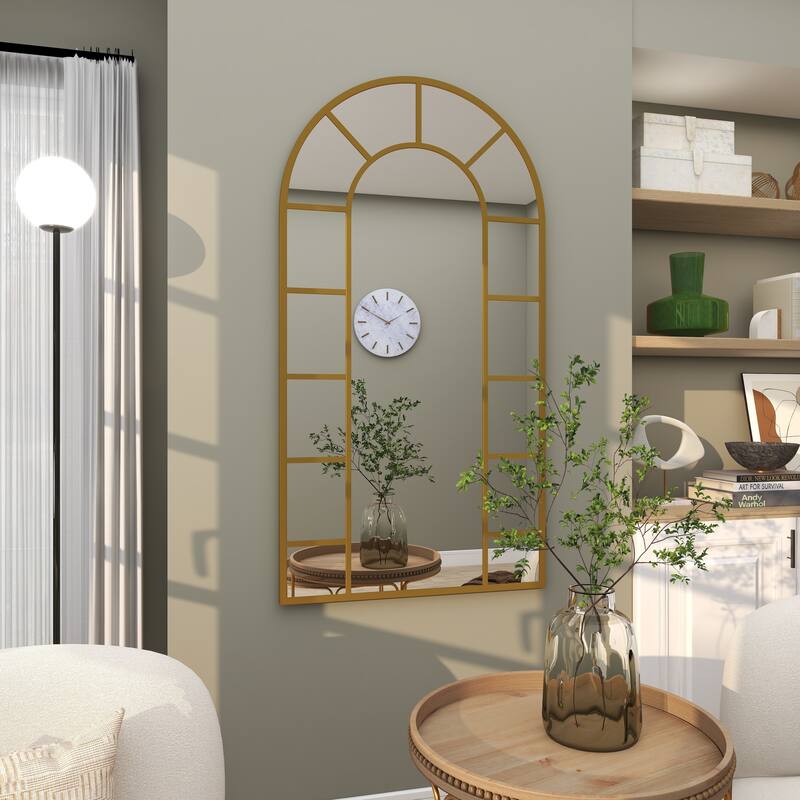 Black or Gold Metal Window Pane Inspired Room Wall Mirror with Arched Top