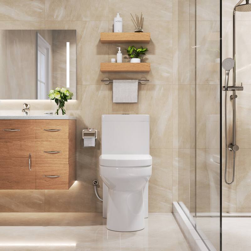 HOROW One-piece 0.8/1.28 GPF Dual Flush Round Toilet in White Seat Included -- 12" Rough in