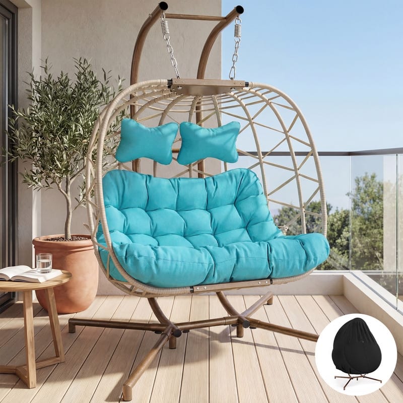 Oversized Outdoor Double Swing Egg Chair, 700 lbs Capacity 2-Person Hanging Egg Chair Swing with Cushion - Teal/Beige-Cover