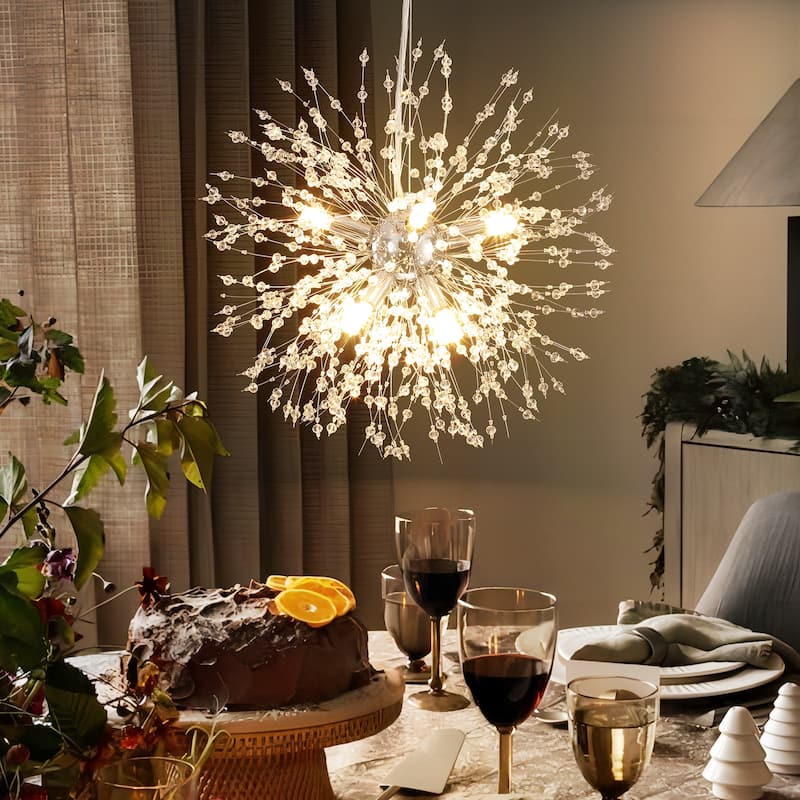 8/9/16-Light Modern Glam Linear Sputnik Globe Pendant Island Light Firework Starburst Crystal Chandelier with Crystal Beads - 8-Light - Chrome
