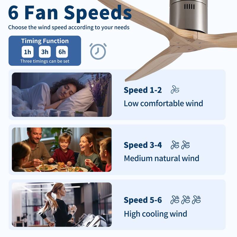 52"Mordern Rustic Elegance Solid Wood Blades Low Profile Flush Mount Ceiling Fan without Light