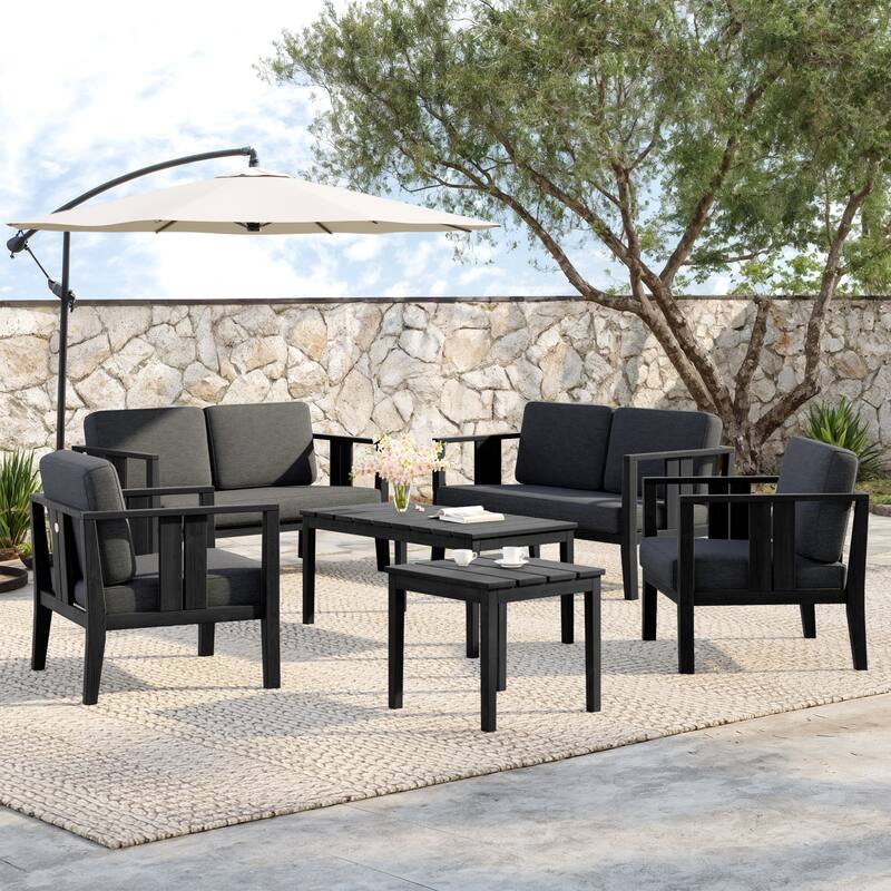 Teak Wood 6-Piece Outdoor Conversation Set with Table - Black frame - Dark Gray/Black
