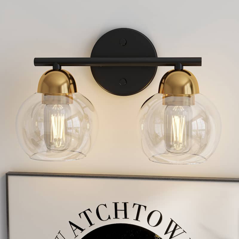 2-Light Vintage Bathroom Vanity Light Fixtures - Matte Black+Brass