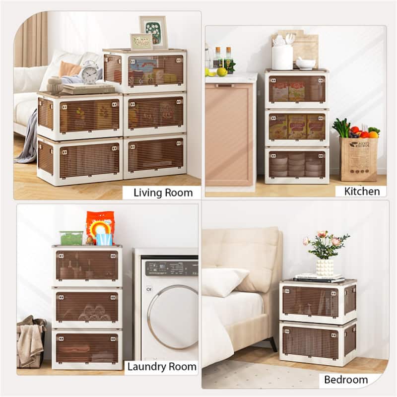Cream White-Clear Brown Foldable Storage Bins 3-Pack with Wheels