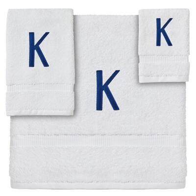 3-Piece Letter K Monogrammed Bath Towels Set, Embroidered Initial K Wedding Gift (White, Blue)