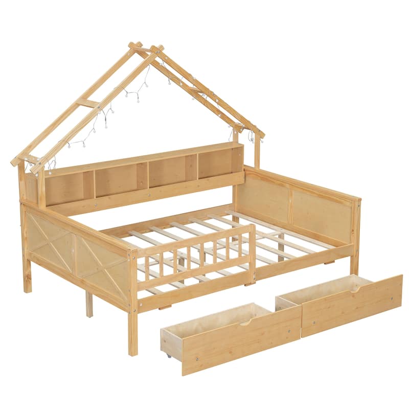 Full Size House Bed with Two Drawers, Kids Wood Bed Platform Beds with LED, Storage Shelves and Guardrail for Girls, Boys