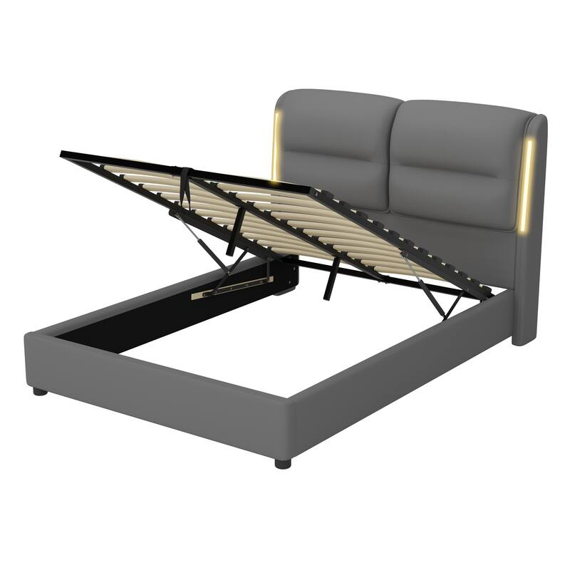 Roomfitters Upholstered Queen Size Hydraulic Platform Bed with Lift Up Storage and Sensor LED Lights,PU Leather Bed Frame