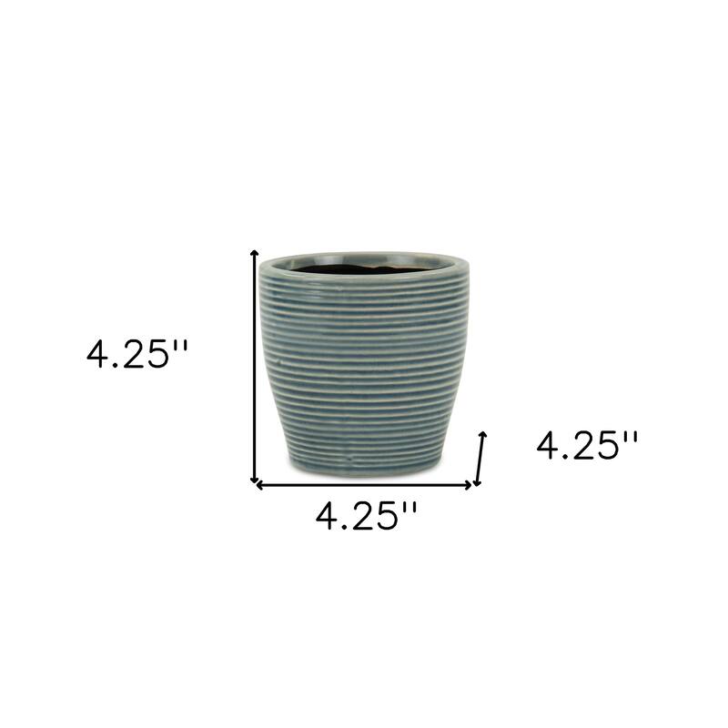 HomeRoots Blue Ceramic 22 Ounce Striped Round Distressed Pot Planter - 4.25 in. x 4.25 in. x 4.25 in.