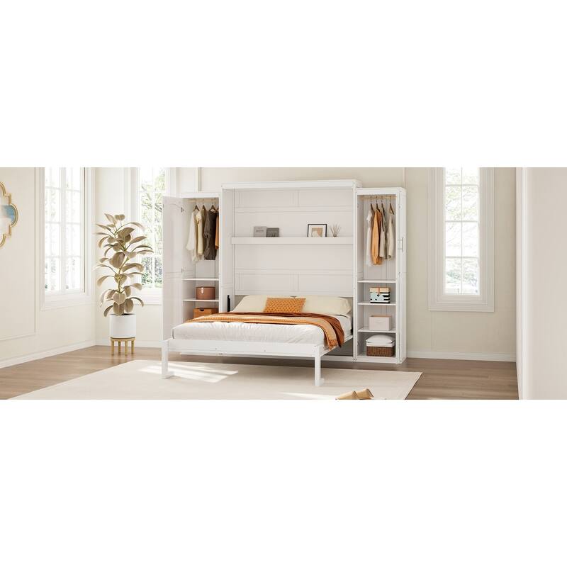 Full Size Foldable Murphy Bed with 2 Wardrobes and Storage Shelf, Space-Saving Platform Bedframe for Guest Room, White